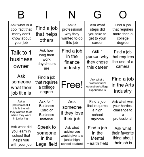 Career Fair BINGO Card