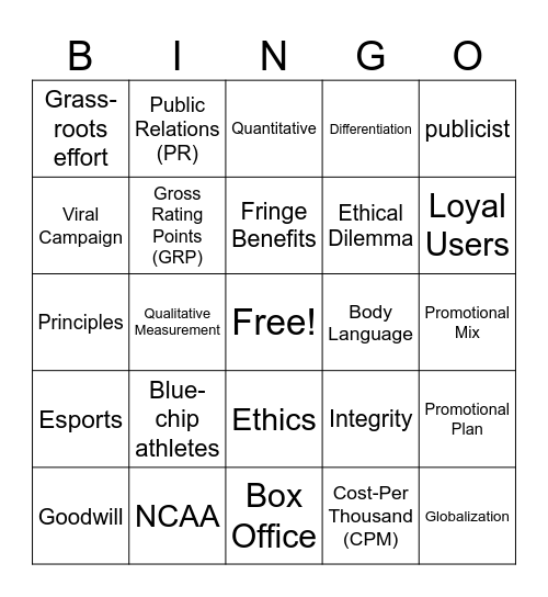 Sports & Entertainment Marketing Vocab Bingo Card