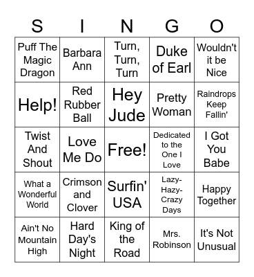 60's Songs Singo Bingo Card