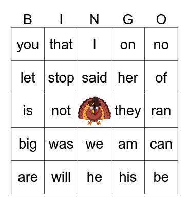 Turkey Sight Words Bingo Card