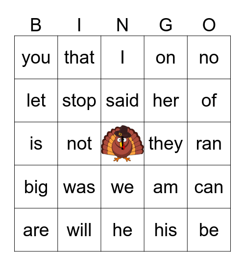 Turkey Sight Words Bingo Card