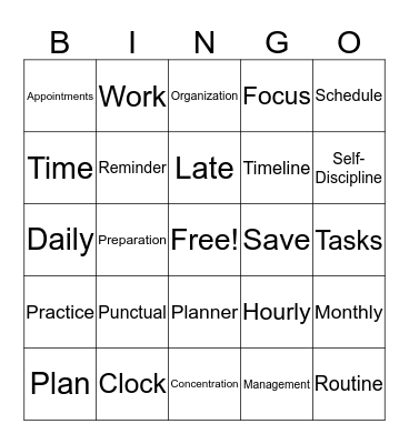 Time Management Bingo Card