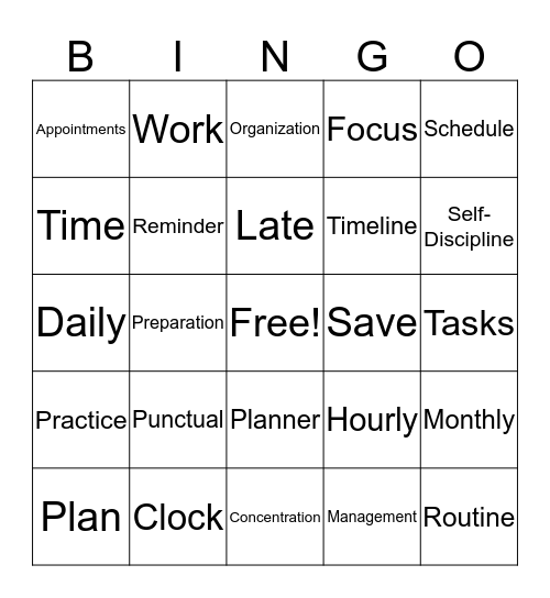 Time Management Bingo Card