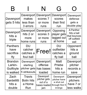 Davenport Baseball Bingo Card