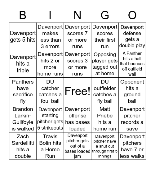 Davenport Baseball Bingo Card