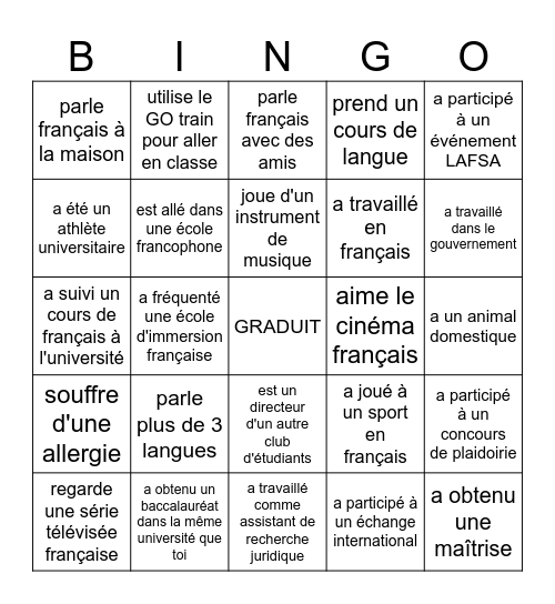 Trouvez quelqu'un qui.. Bingo Card