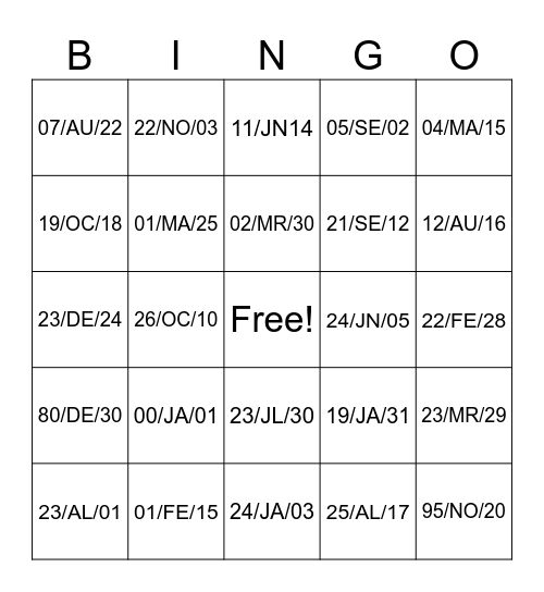 Expiry Dates: Year/Month/Day Bingo Card