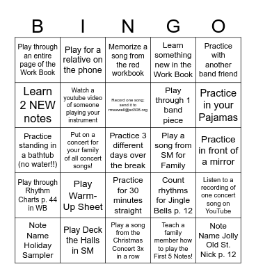 Thanksgiving Break Band Bingo Card