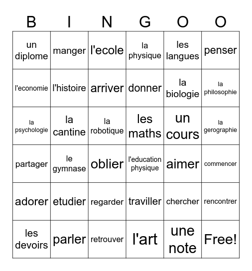 French Vocab Bingo Card