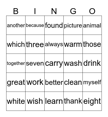 High Frequence Words Bingo Card