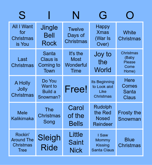 Christmas S-I-N-G-O Bingo Card