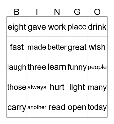 High Frequency Words Bingo Card