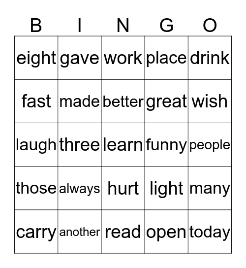 High Frequency Words Bingo Card