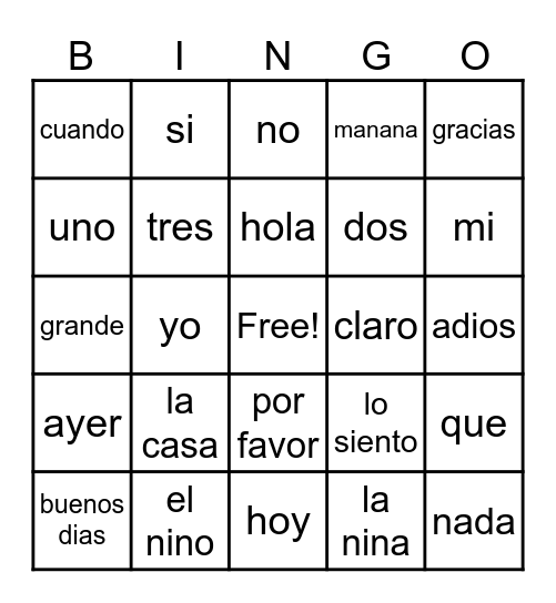 ESPANOL Bingo Card