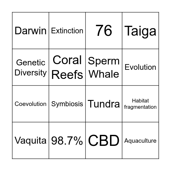 BIODIVERSITY BINGO Card