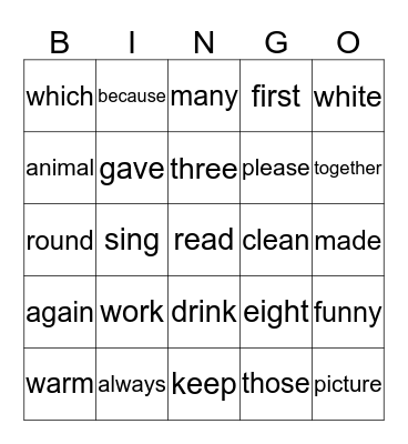 High Frequency Words Bingo Card