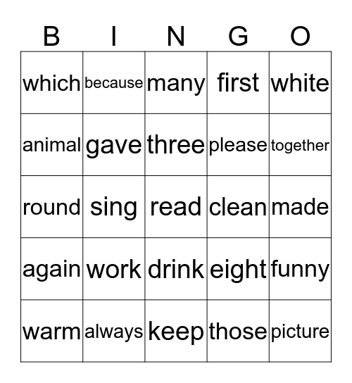 High Frequency Words Bingo Card