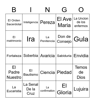 Confirmation Bingo Card