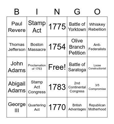Apush Period 3 Review Bingo Card