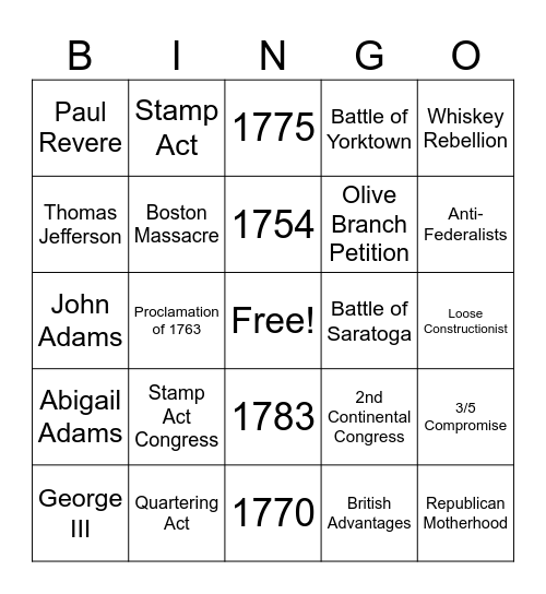 Apush Period 3 Review Bingo Card