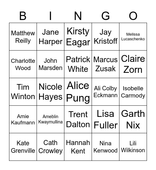 Australian Authors Bingo Card