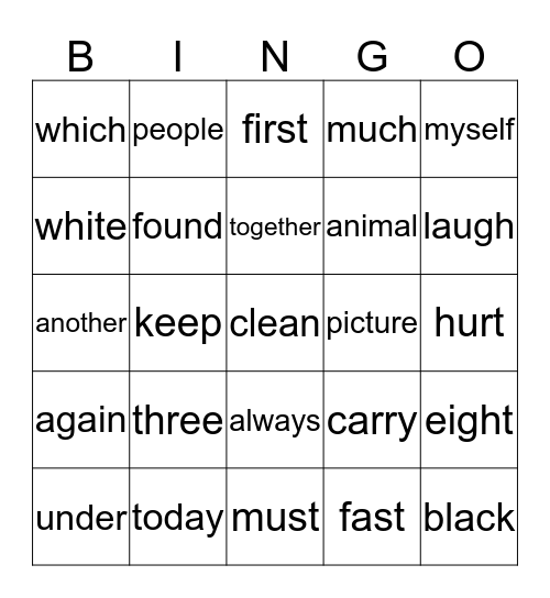 High Frequency Words Bingo Card