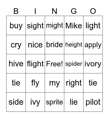 Long i words Bingo Card