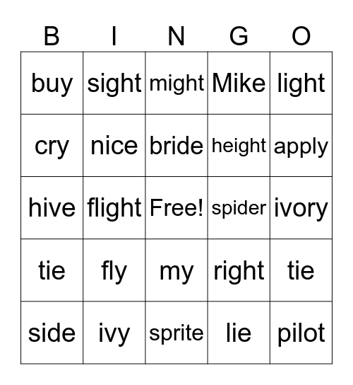 Long i words Bingo Card