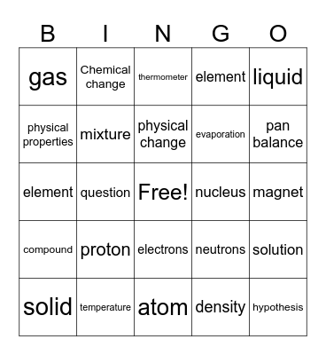 Unit 5 - Matter Bingo Card