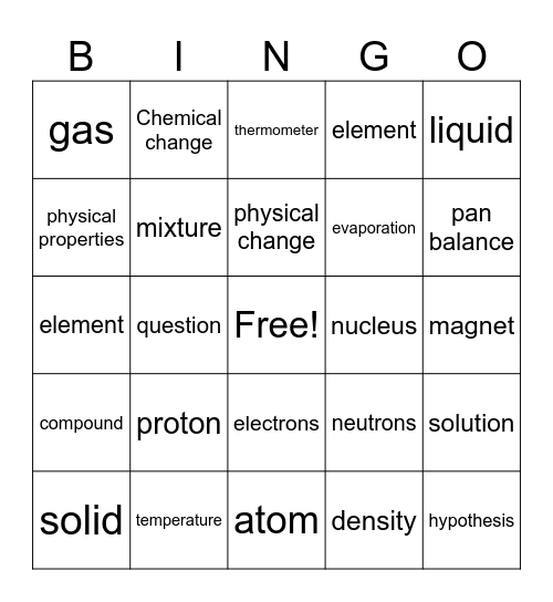 Unit 5 - Matter Bingo Card