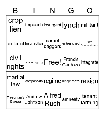 Reconstruction in the South Bingo Card