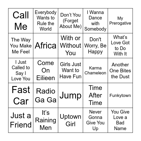 80s Music Bingo! Bingo Card