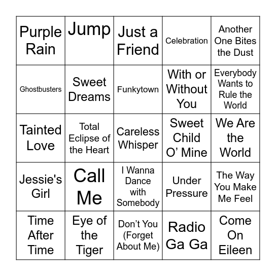 80s Music Bingo! Bingo Card