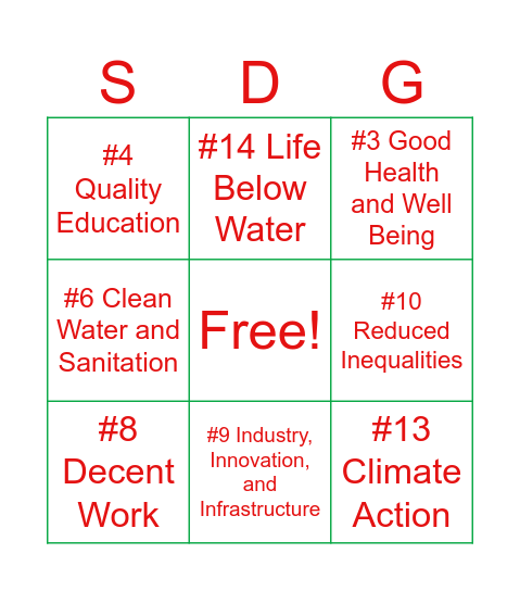 Sustainable Development Goals Bingo Card