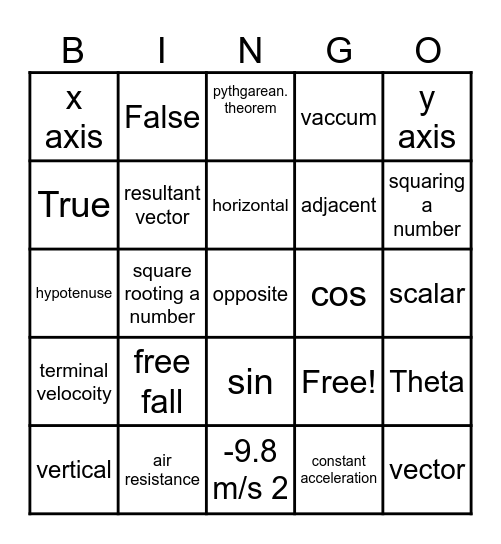 Free Fall and Vector Resolution Bingo Card