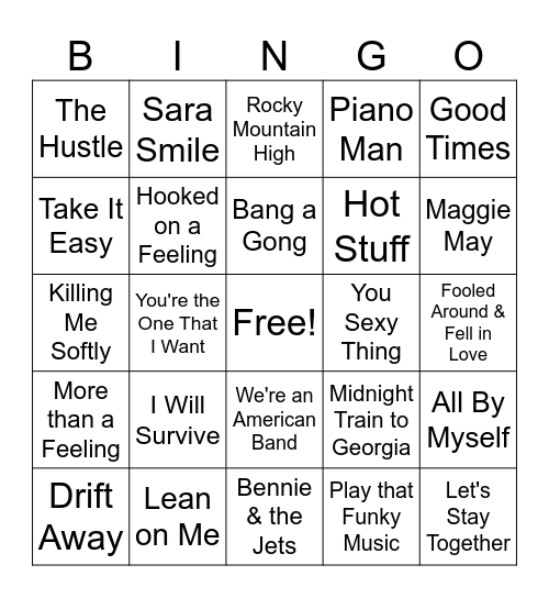 70s Hits Bingo Card