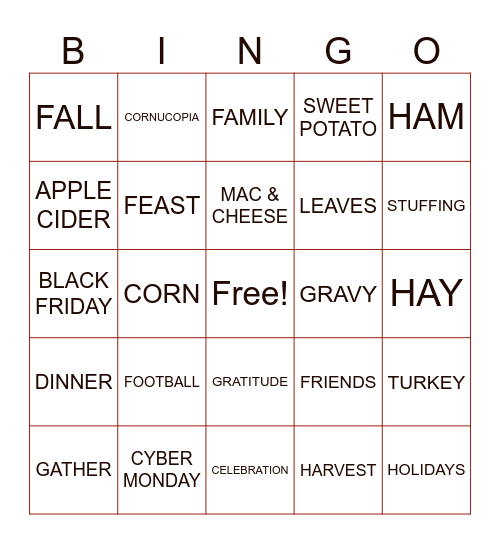 Turkey Bingo Card