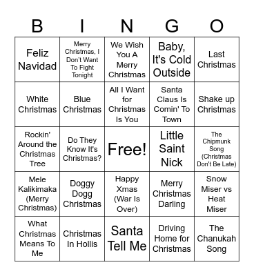 Holiday Music Bingo Card