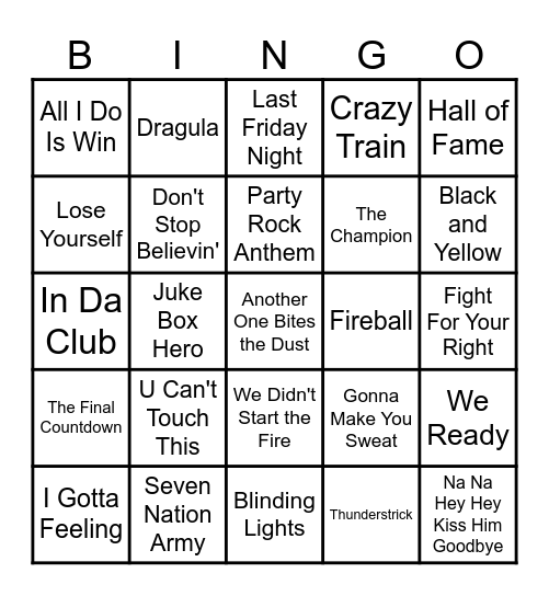 Game Day Music Bingo Card
