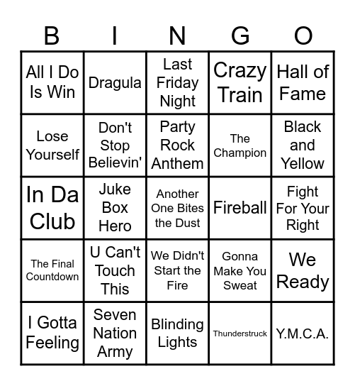 Game Day Music Bingo Card