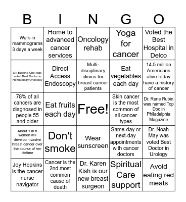 Mercy Cancer Care at Mercy Fitzgerald Hospital Bingo Card