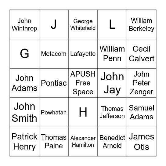 APUSH Period 2-3 People Bingo Card