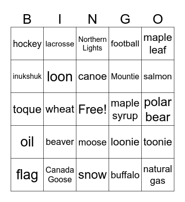 Canadian Symbols Bingo Card