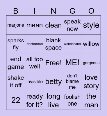 taylor swift bingo Card