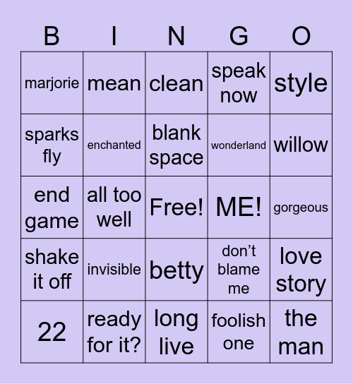 taylor swift bingo Card