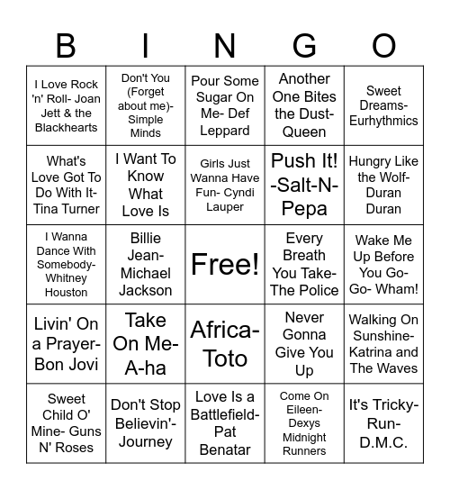 80s Music Bingo Card