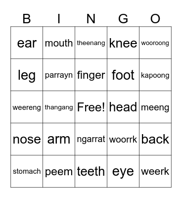Gunditjmara Language Bingo Card
