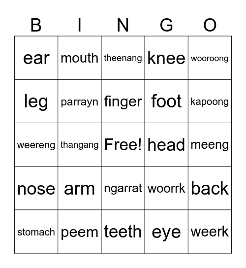 Gunditjmara Language Bingo Card