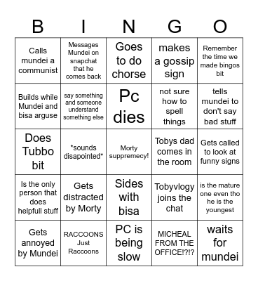 Toby Bingo Card