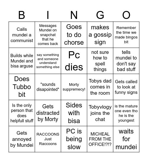 Toby Bingo Card